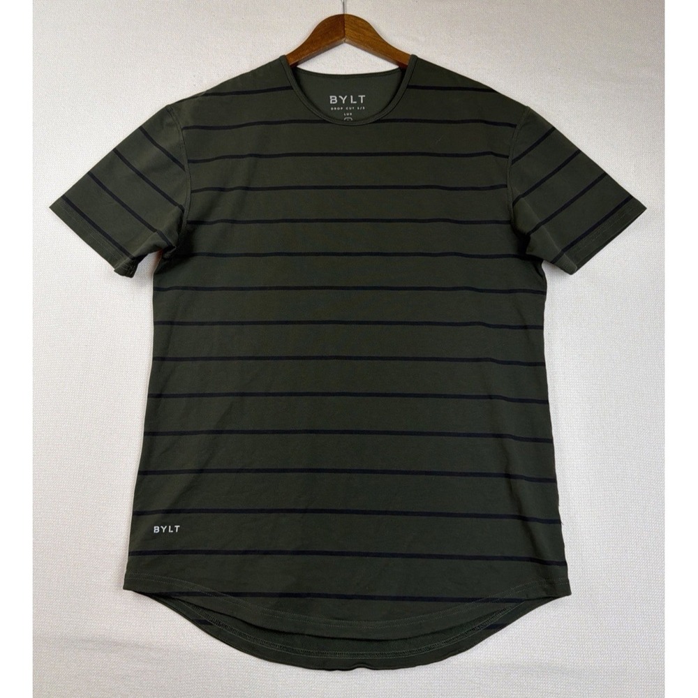 BYLT Drop Cut LUX Crew Neck Tee Shirt Mens Size L Green Striped‎ Preppy Athletic